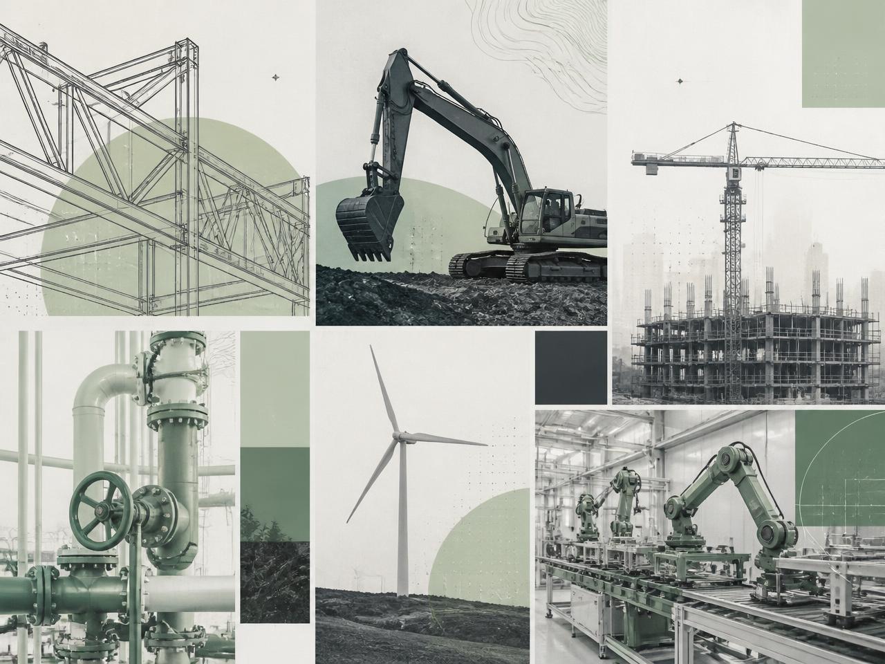 Montage of engineering and construction industries: structural steel, excavators, tower cranes, pipework, wind turbines and manufacturing lines